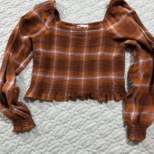 SO Plaid Smocked Brown Top